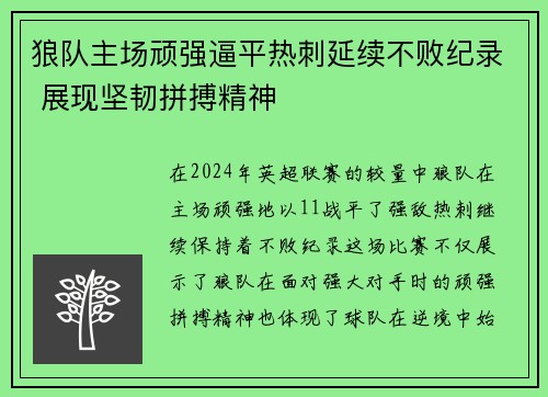 狼队主场顽强逼平热刺延续不败纪录 展现坚韧拼搏精神