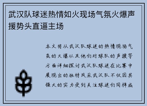 武汉队球迷热情如火现场气氛火爆声援势头直逼主场