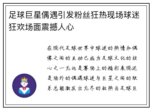 足球巨星偶遇引发粉丝狂热现场球迷狂欢场面震撼人心