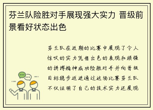 芬兰队险胜对手展现强大实力 晋级前景看好状态出色