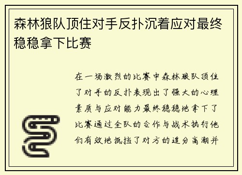 森林狼队顶住对手反扑沉着应对最终稳稳拿下比赛