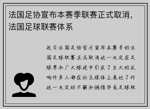 法国足协宣布本赛季联赛正式取消，法国足球联赛体系
