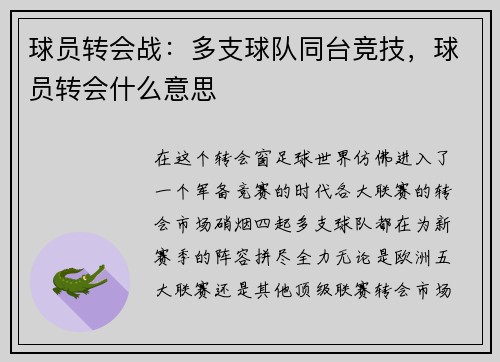 球员转会战：多支球队同台竞技，球员转会什么意思